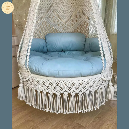 Macrame Cotton Swing in White and Light Blue color