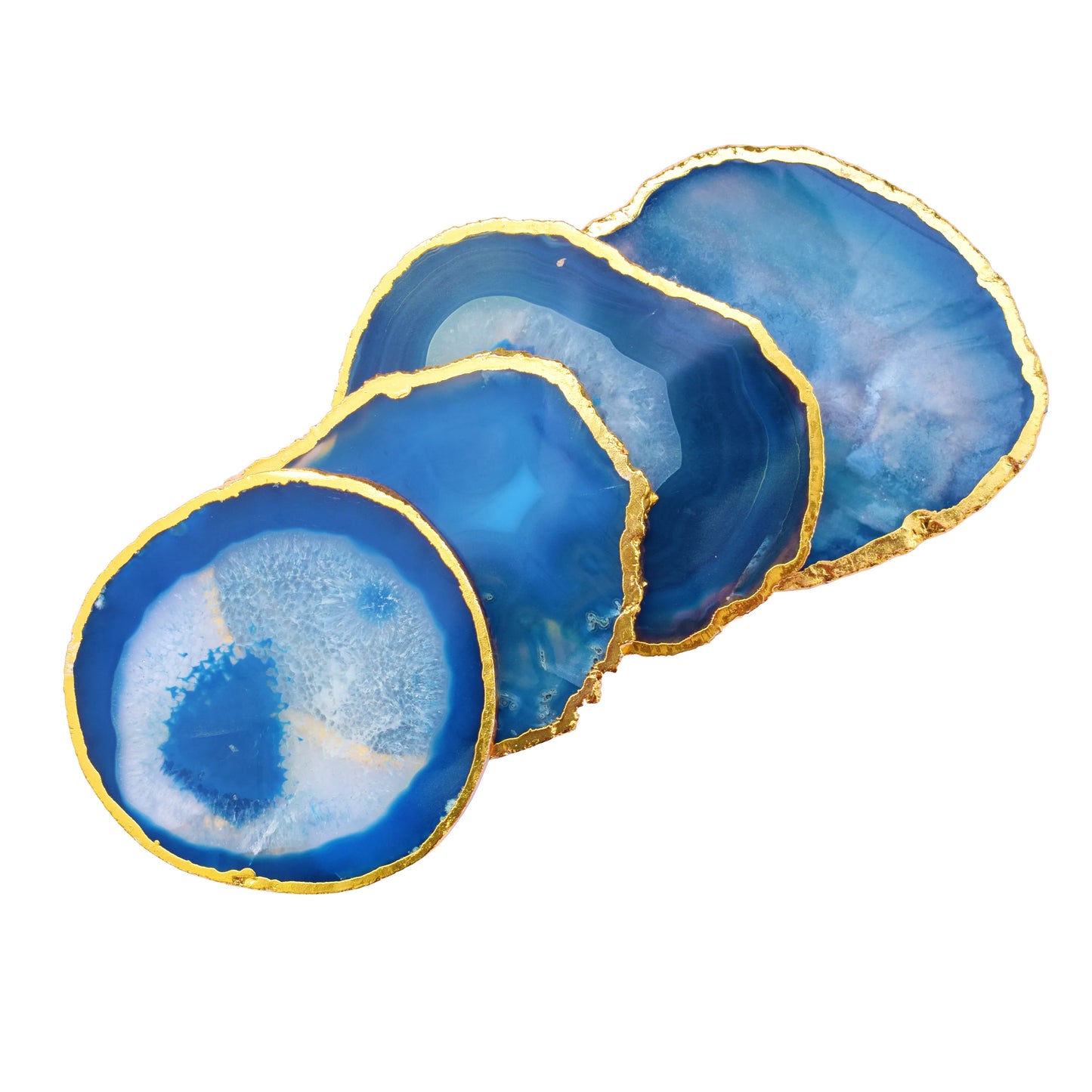 Blue Agate Coaster with Gold Edge, Set of 4, Tableware, Agate Slice, Glass Coasters