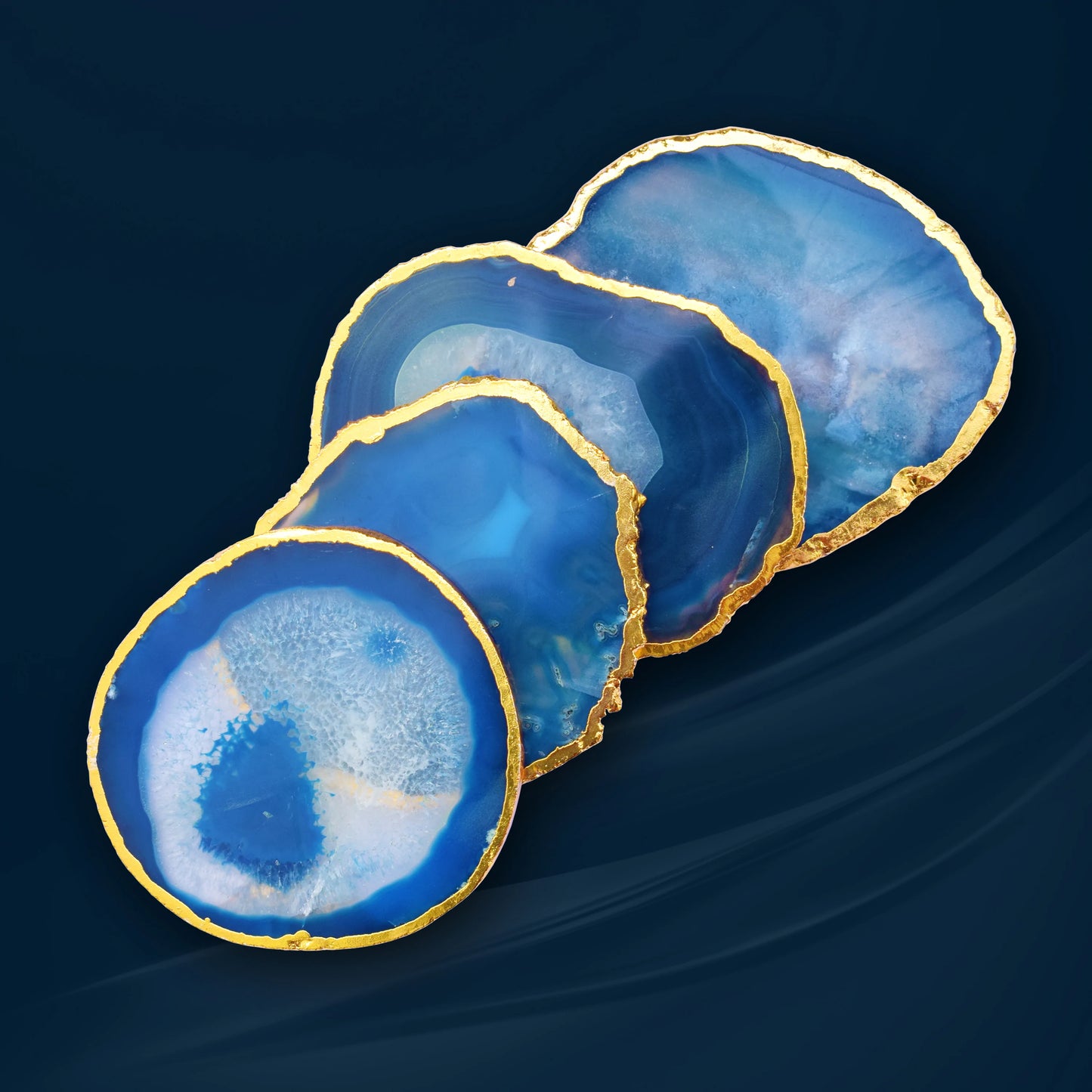 Blue Agate Coaster with Gold Edge, Set of 4, Tableware, Agate Slice, Glass Coasters