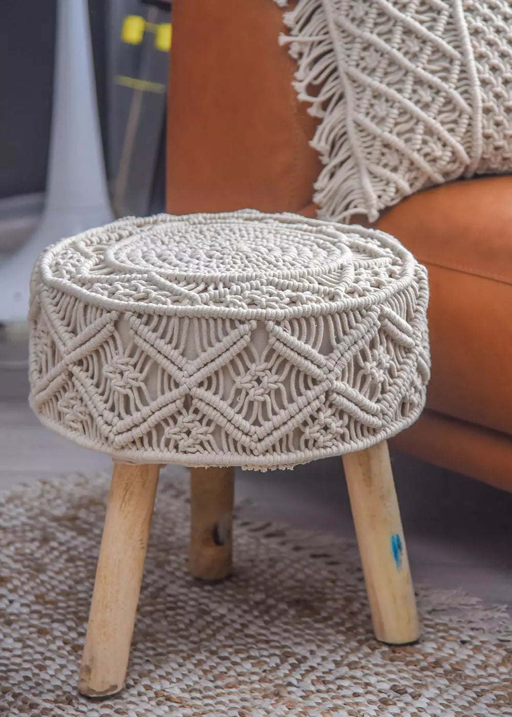 Handmade Macrame Stool in White Color