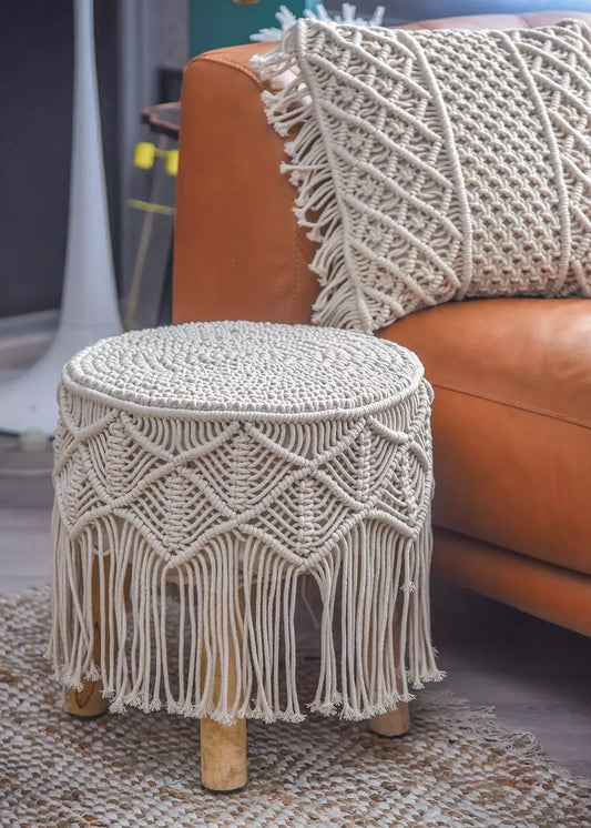 Luxe Handmade Macrame Stool in White Color