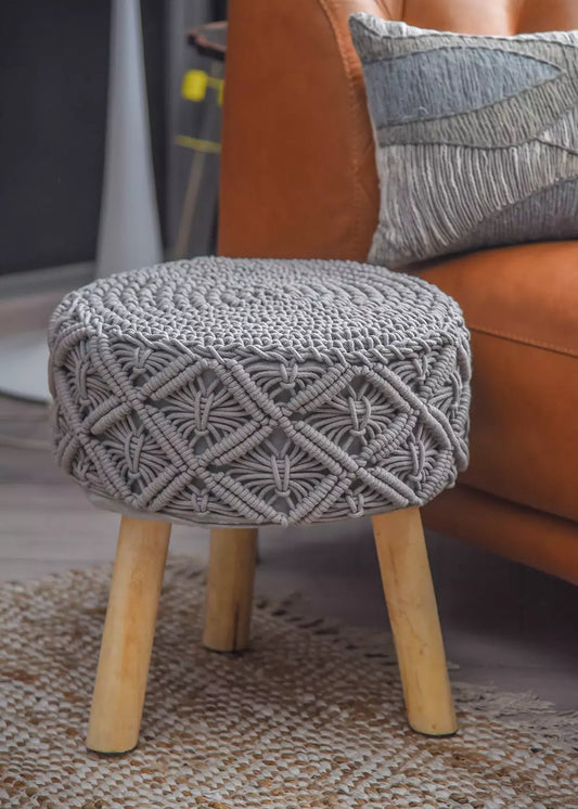 Handmade Macrame Stool in Grey Color